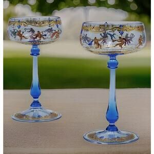 Set 2 Lobmeyr Hand Painted Enamel Gilt Blue Coupe Glass Putti Cherubs Austrian